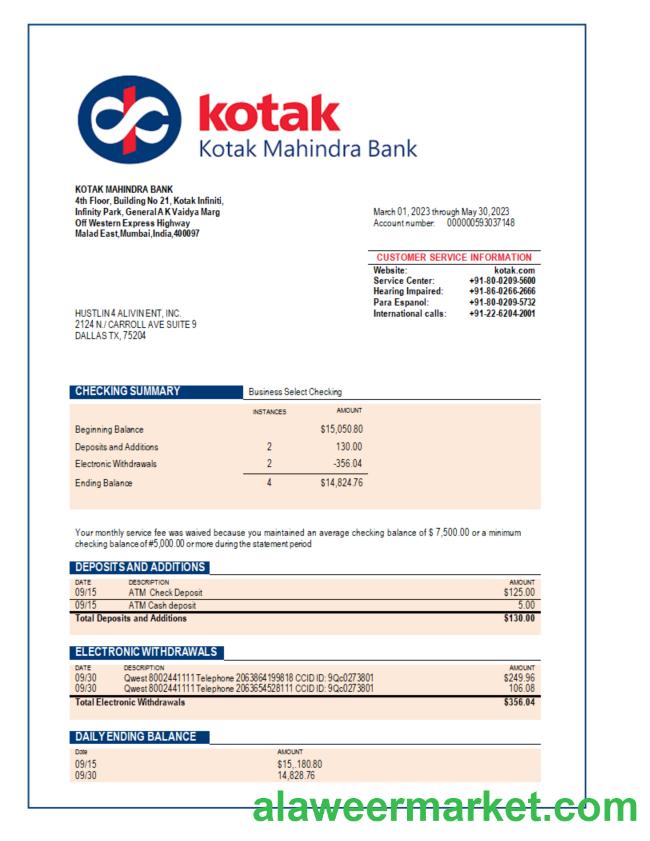 Kotak Mahindra Bank enterprise statement Word and PDF template